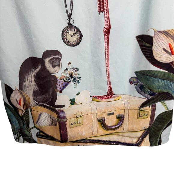 Yumi Light Blue‎ Flamingo & Monkey Print Dress Women's Size 2 Art to Wear - Picture 4 of 9